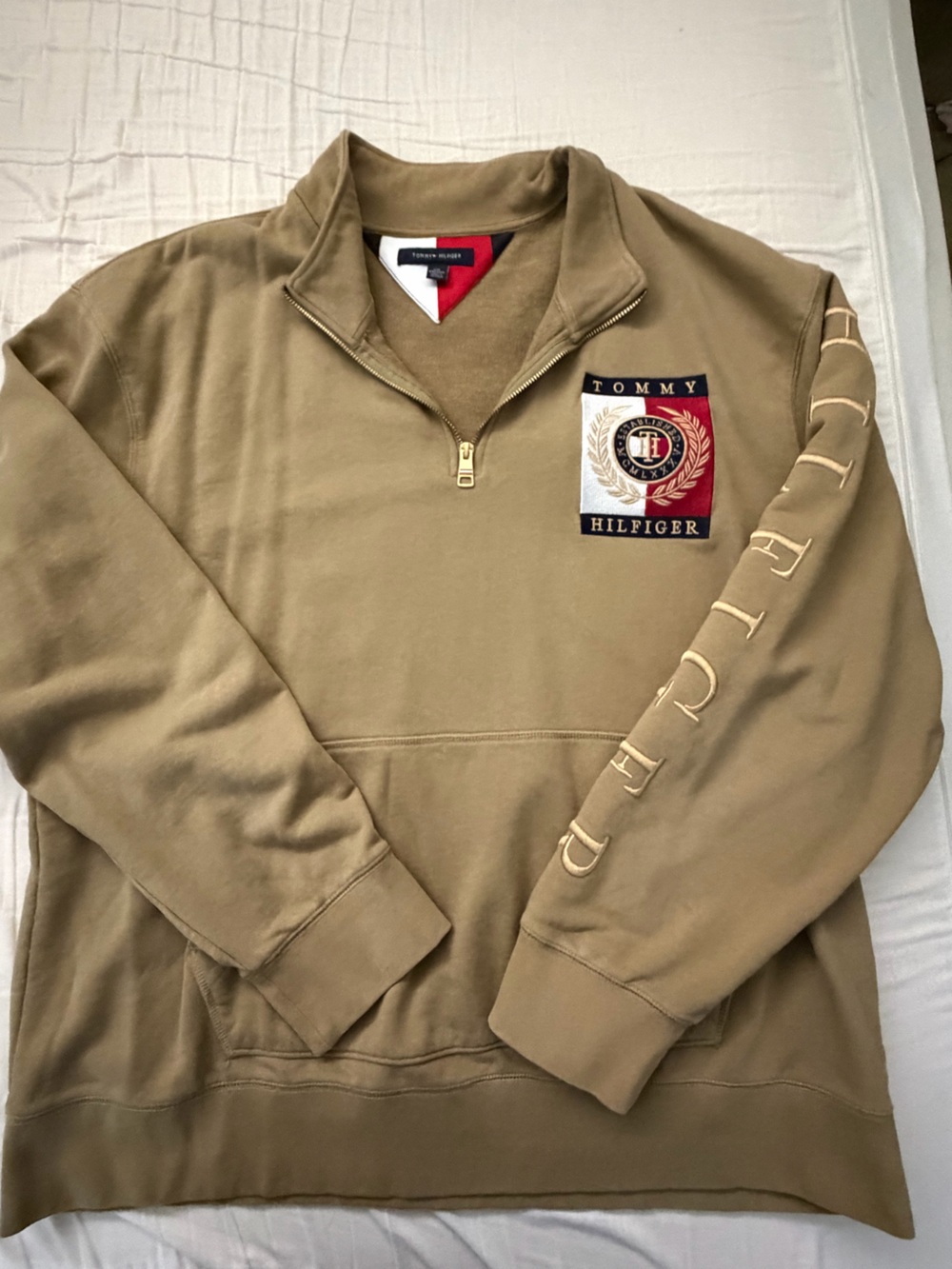 Tommy Hilfiger Khaki Quarter-Zip Pullover with Crest Patch